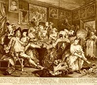 Der Weg des Liederlichen: Die Orgie, Kupferstich, William Hogarth, 1732 - 1735 